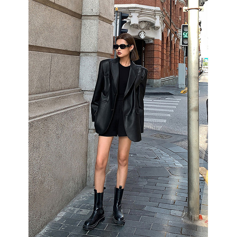 Women's Black Pu Leather Suit Coat