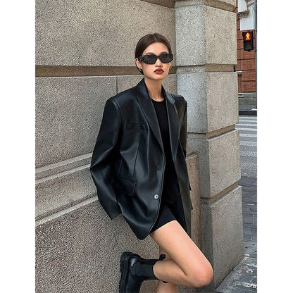 Women's Black Pu Leather Suit Coat