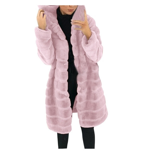 Women Long Coat Faux Fur Solid Color Winter Jacket