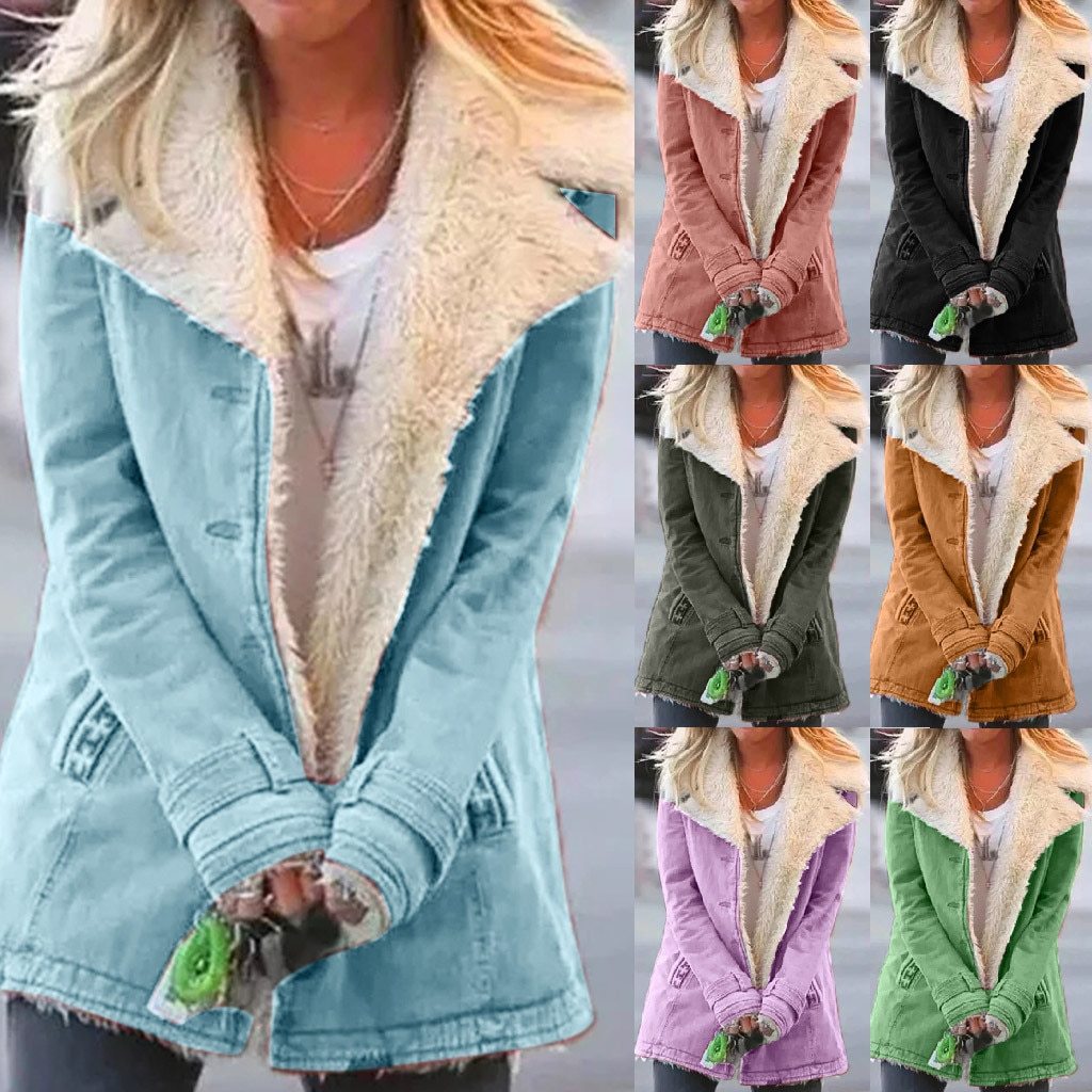 Women Plus Size Warm Coats Composite Plush Button Lapels Jacket Outerwear Coat