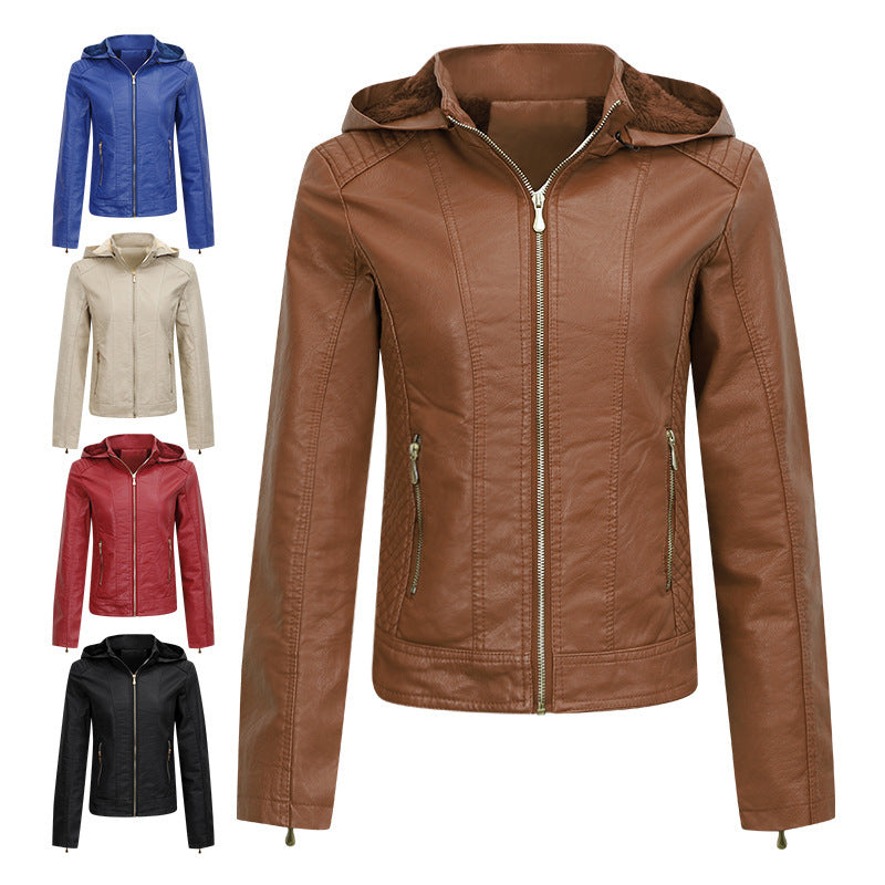 Women Plush Thick Hooded Coat Slim Zipper Leather Jacket