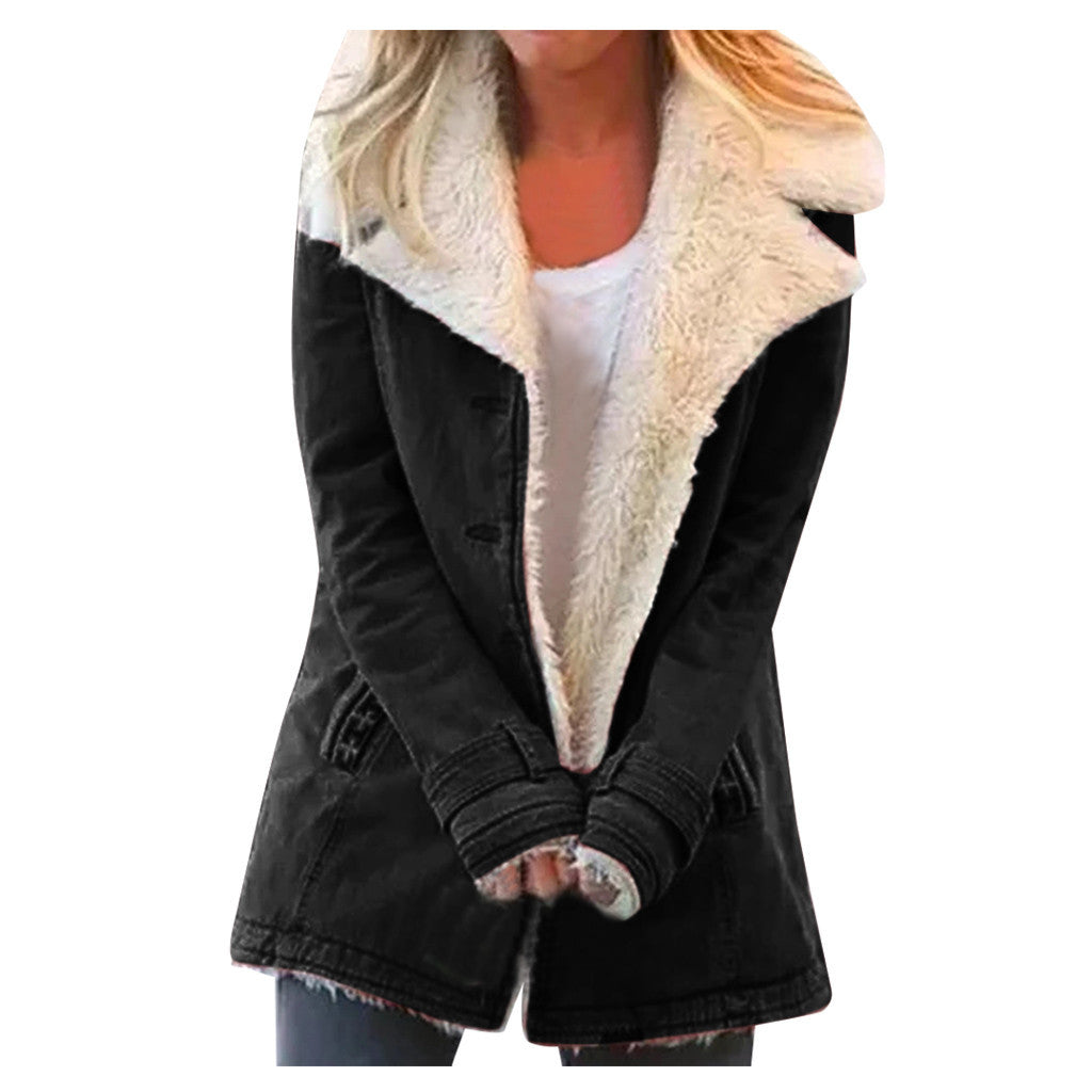 Women Plus Size Warm Coats Composite Plush Button Lapels Jacket Outerwear Coat