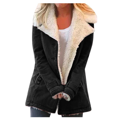 Women Plus Size Warm Coats Composite Plush Button Lapels Jacket Outerwear Coat