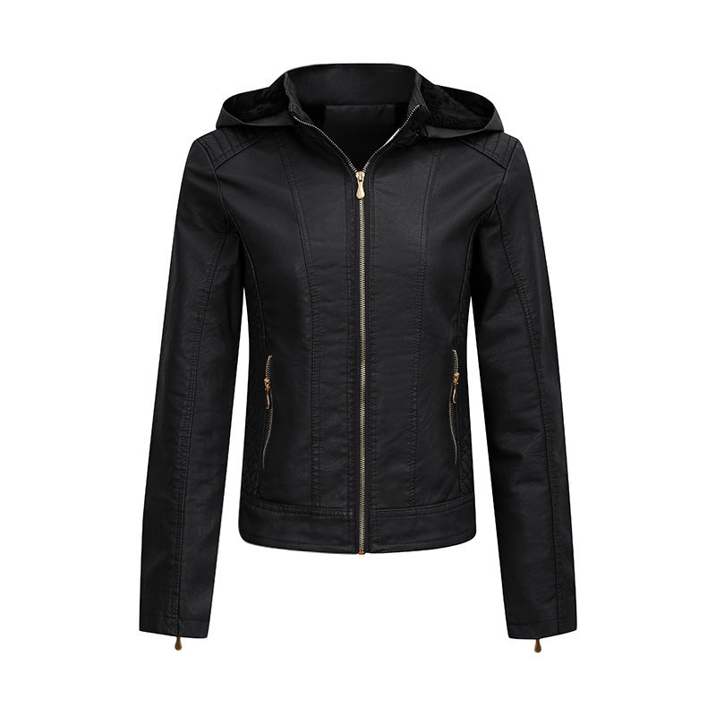 Women Plush Thick Hooded Coat Slim Zipper Leather Jacket