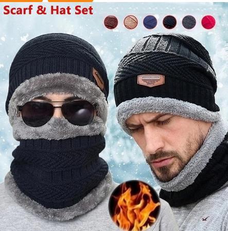 Winter Beanie Hat Scarf Set Thick Fleece Lined Winter Hat Neck Warmer For Men Women