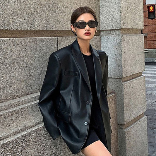 Women's Black Pu Leather Suit Coat