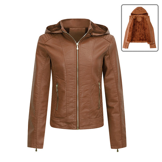 Women Plush Thick Hooded Coat Slim Zipper Leather Jacket