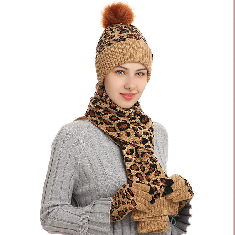 Three-piece Warm Knitted Woolen Hat, Scarf And Gloves