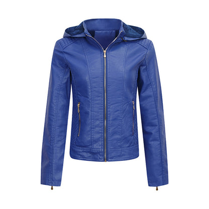 Women Plush Thick Hooded Coat Slim Zipper Leather Jacket