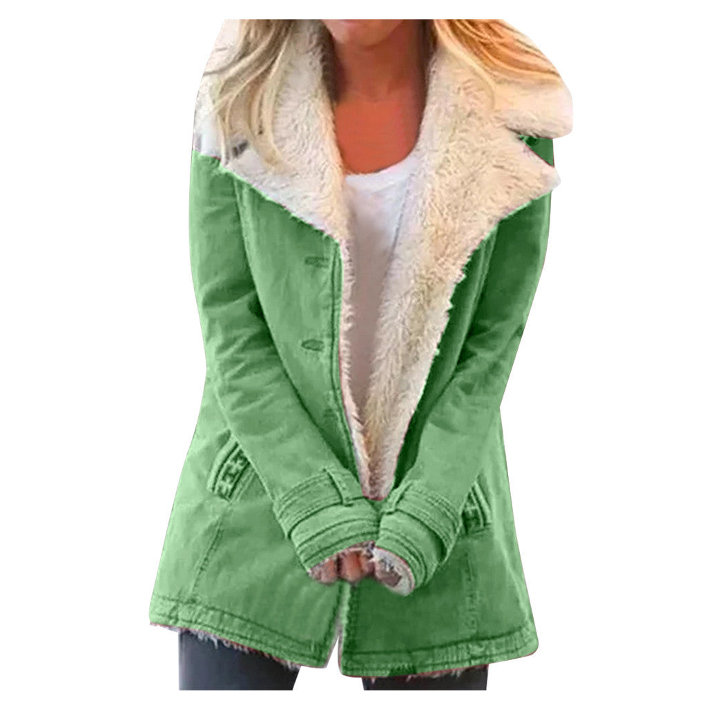 Women Plus Size Warm Coats Composite Plush Button Lapels Jacket Outerwear Coat