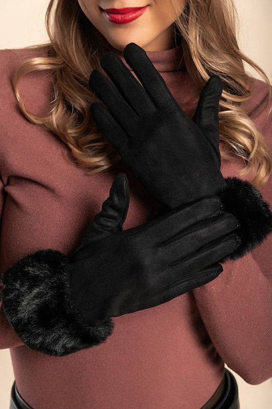 Gloves with faux fur, black - HatnGloves.com