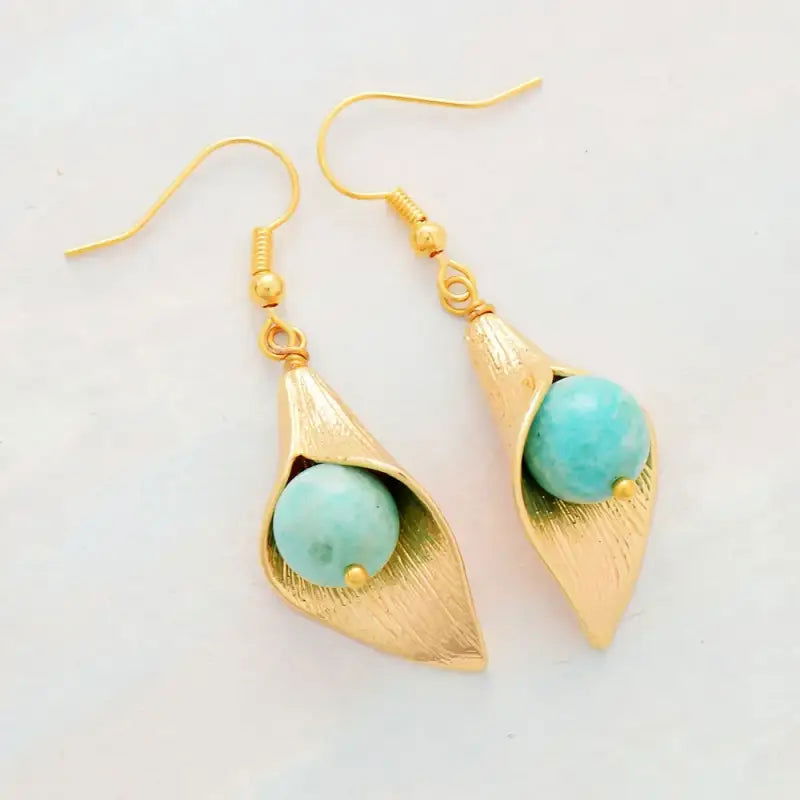 Gold Flower Amazonite  Earrings - HatnGloves.com