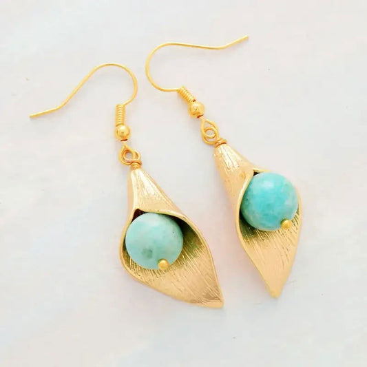 Gold Flower Amazonite  Earrings - HatnGloves.com