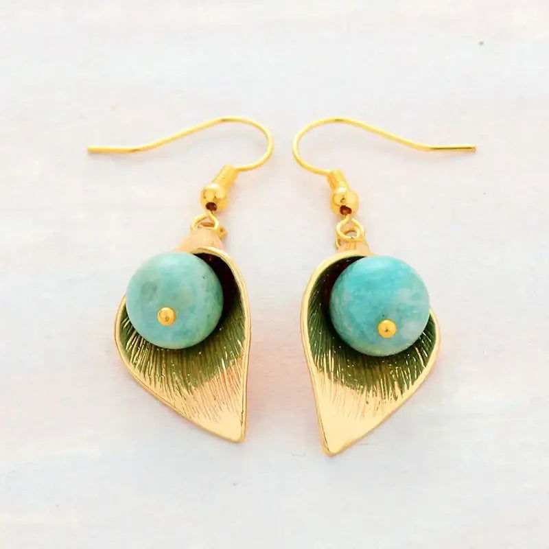 Gold Flower Amazonite  Earrings - HatnGloves.com