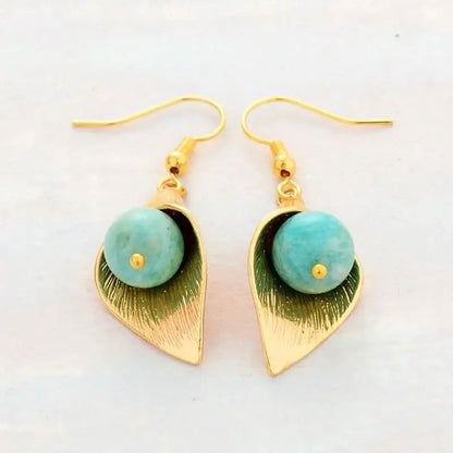 Gold Flower Amazonite  Earrings - HatnGloves.com