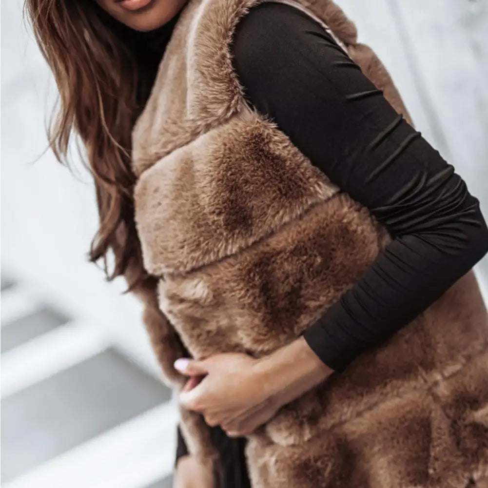 Autumn Winter Women Jacket Vest Solid Color Round Neck Faux Fur Coat