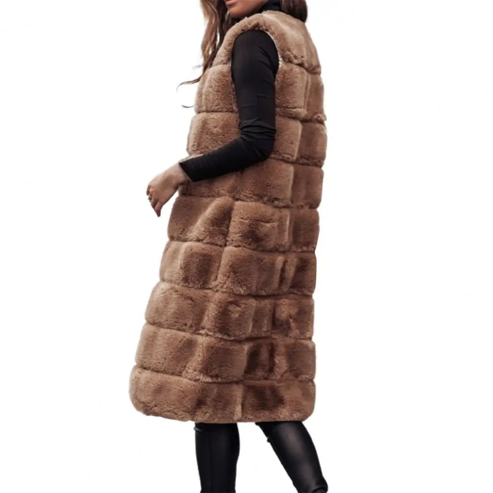 Autumn Winter Women Jacket Vest Solid Color Round Neck Faux Fur Coat