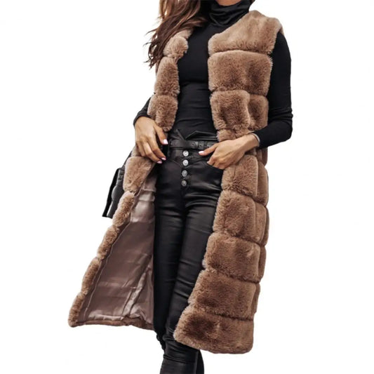 Autumn Winter Women Jacket Vest Solid Color Round Neck Faux Fur Coat