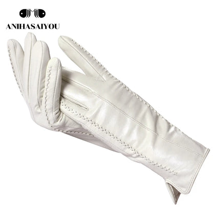 White leather women's gloves, Genuine Leather, cotton lining warm