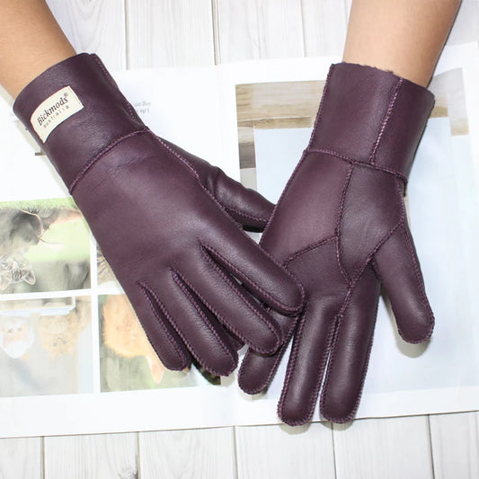 Women's fur all-in-one sheepskin gloves leather color warm winter