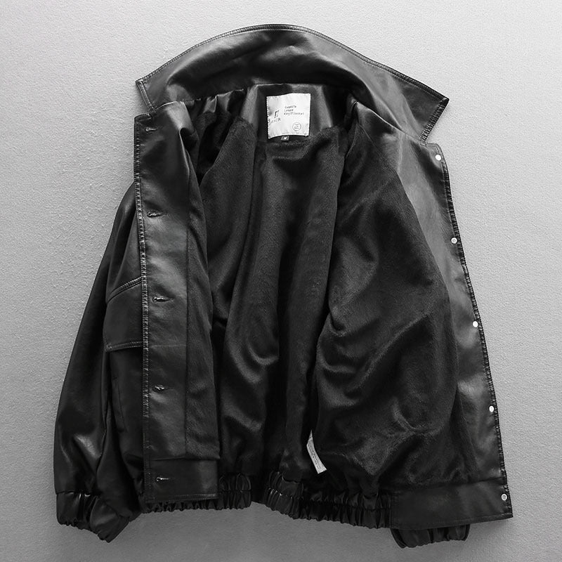 Men Loose-Fit Leather Biker Jacket - HatnGloves.com