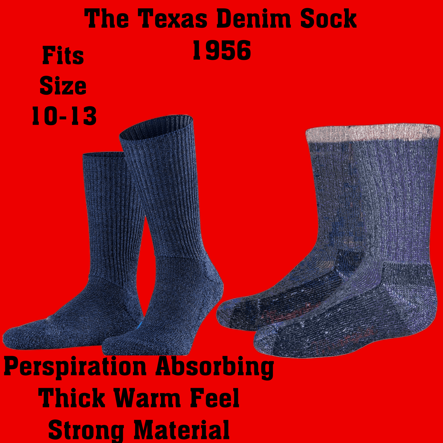 Texas Denim Thermal Socks for Men - Warm, Durable, Cotton-Poly Blend