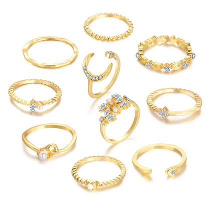 10 Pcs Rings Suit For Women Gold-color Chain Ring Set Bohemian Style