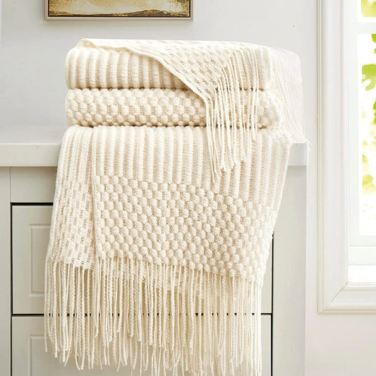 White Boho Throw Blankets Textured Big Knitted Blankets Chunky Vintage