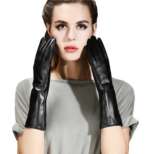 Winter Women PU Leather Pleated Pile Sleeve Touch Screen Gloves Sexy