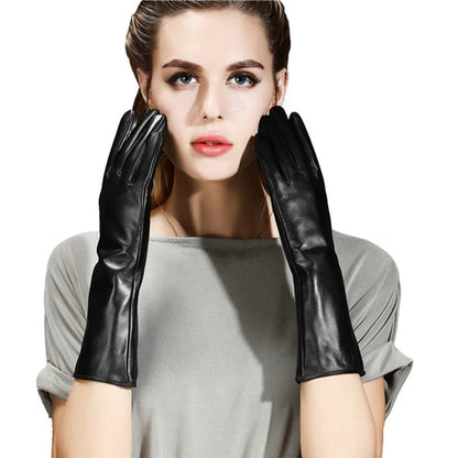 Winter Women PU Leather Pleated Pile Sleeve Touch Screen Gloves Sexy