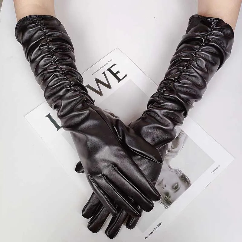 Winter Women PU Leather Pleated Pile Sleeve Touch Screen Gloves Sexy