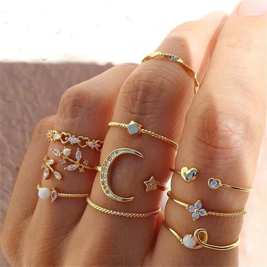 10 Pcs Rings Suit For Women Gold-color Chain Ring Set Bohemian Style