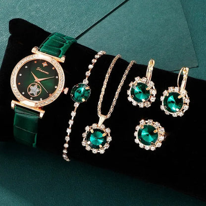 6PCS Set Green Luxury Quartz Watch Women Ring Necklace Earrings