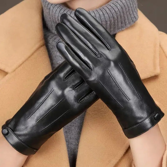 Winter Gloves Women Black PU Leather Cashmere Warm Driving Gloves