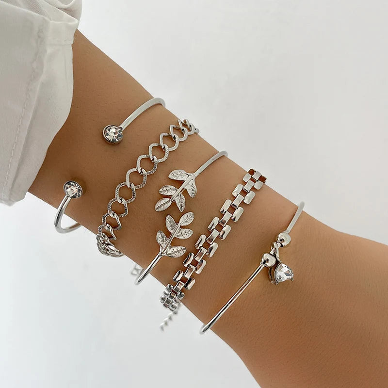 Bohemian Leaves Bracelet Set For Women Gold Silver Color Heart