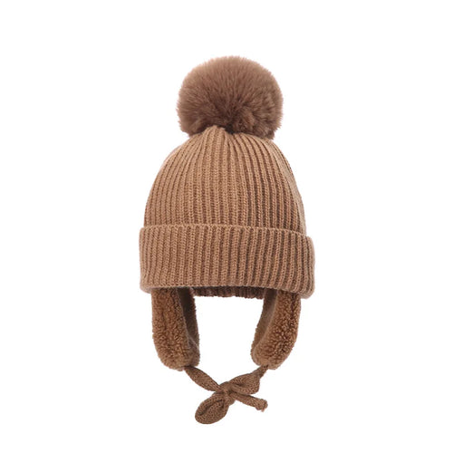 2-8T Baby Hat Big Pompom Beanie with Earflap Wool Plush Children