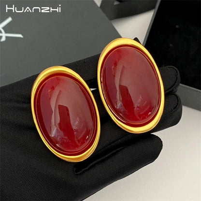 HUANZHI 5cm Red Resin Oval Large Fashion Earrings