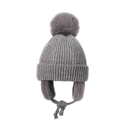 2-8T Baby Hat Big Pompom Beanie with Earflap Wool Plush Children