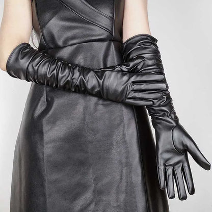 Winter Women PU Leather Pleated Pile Sleeve Touch Screen Gloves Sexy