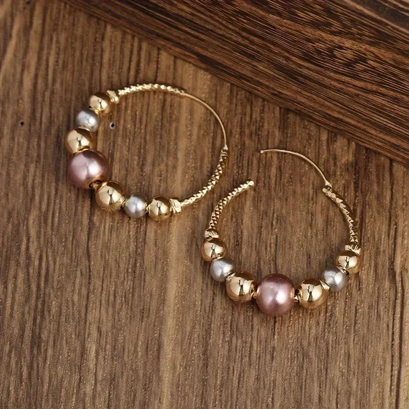 Classical Fashion Charm Women Gold Color Ball Bead Hoop Earrings