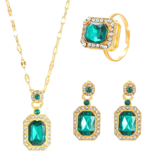 5 Piece Women Fashionable Green Crystal Necklace Earrings Set