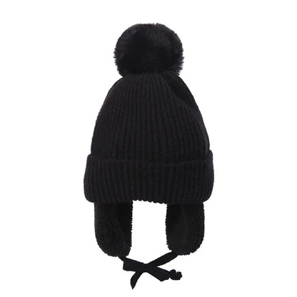 2-8T Baby Hat Big Pompom Beanie with Earflap Wool Plush Children