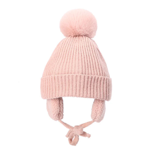 2-8T Baby Hat Big Pompom Beanie with Earflap Wool Plush Children