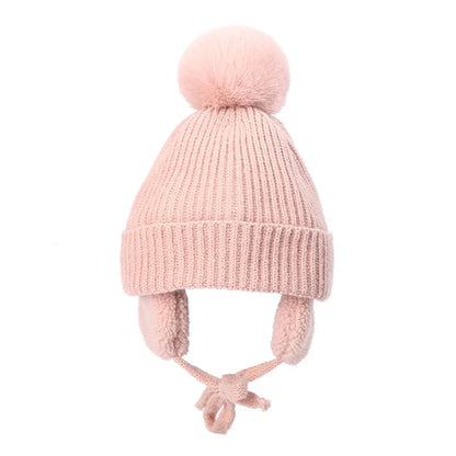 2-8T Baby Hat Big Pompom Beanie with Earflap Wool Plush Children