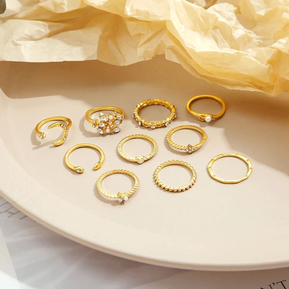 10 Pcs Rings Suit For Women Gold-color Chain Ring Set Bohemian Style