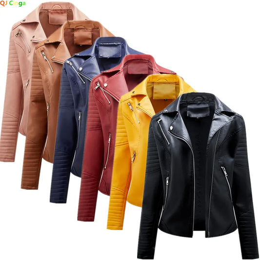 Women Fashon Faux Leather Jacket Zipper Casual Style