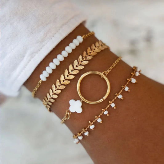 Bohemia Gold Color Leaves Bracelet Set For Women White Beads Round