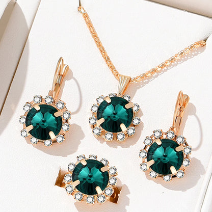 5 Piece Women Fashionable Green Crystal Necklace Earrings Set