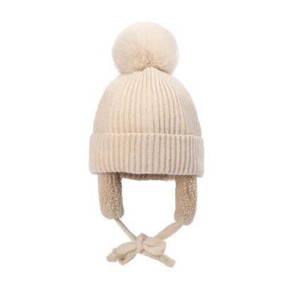 2-8T Baby Hat Big Pompom Beanie with Earflap Wool Plush Children