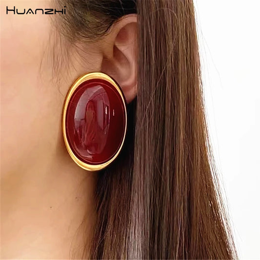 HUANZHI 5cm Red Resin Oval Large Fashion Earrings